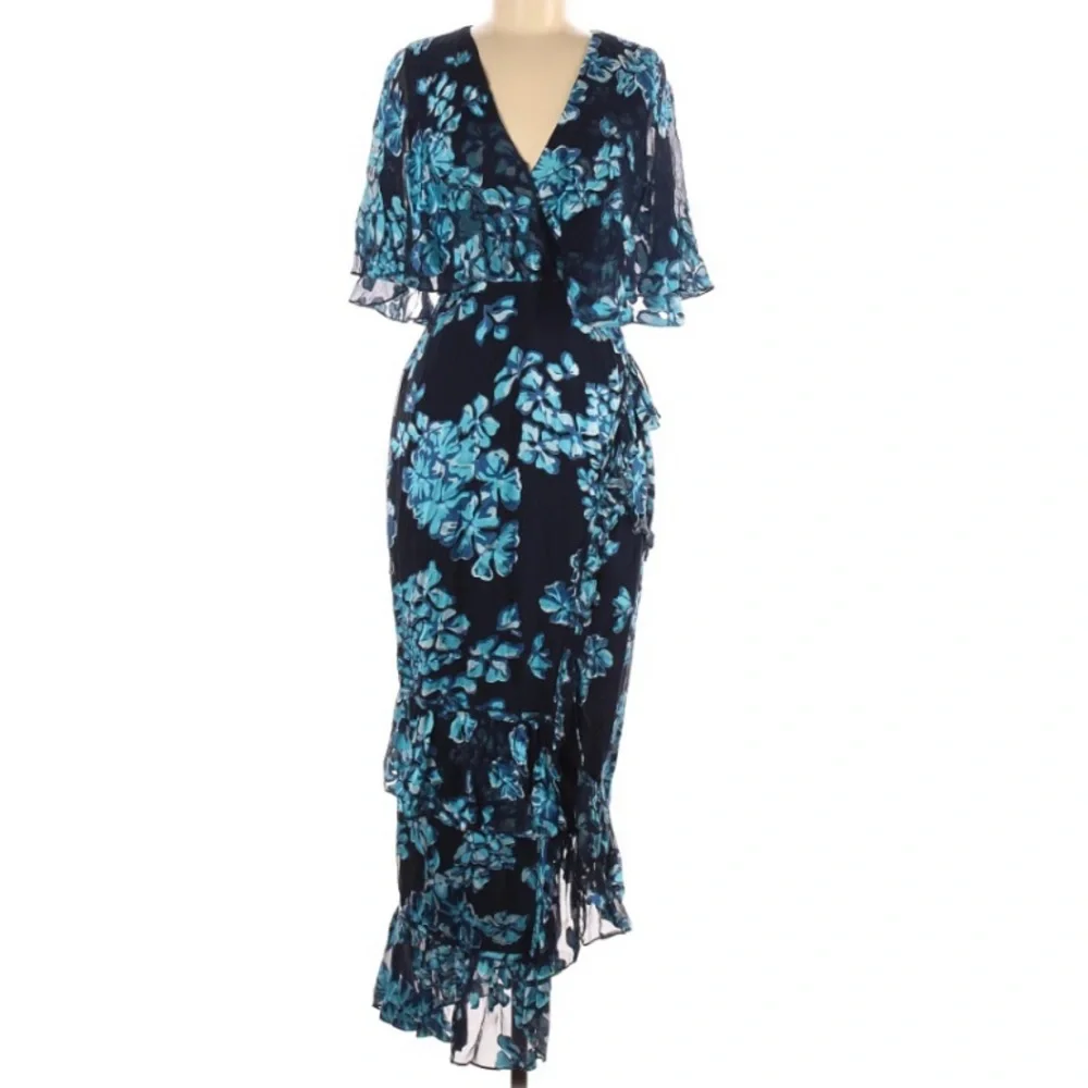 Saloni Blue Rose Ruffle Silk Midi Dress 6 - Picture 2 of 6